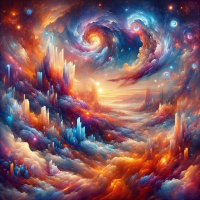 The primary subject of the image is a vibrant and colorful digital art piece featuring a spiral galaxy with a sun at its center. The setting is a space filled with various celestial elements, such as stars and planets. The visual style is a combination of digital art and illustration, creating a unique and captivating atmosphere. The dominant colors in the image are orange, blue, and purple, which contribute to the overall mood of the artwork.
